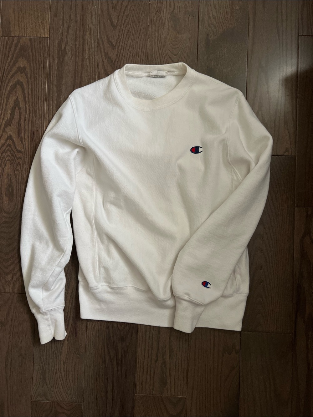 Champion White Crewneck Sweatshirt with Small Chest Logo